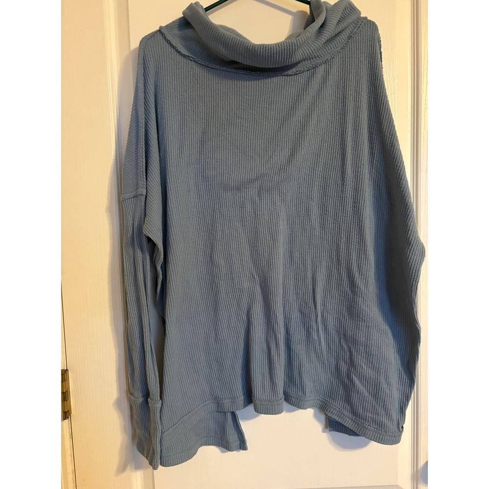 We The Free Top Women Large‎ Blue Excellent Cowl Neck Split Back Thermal Knit